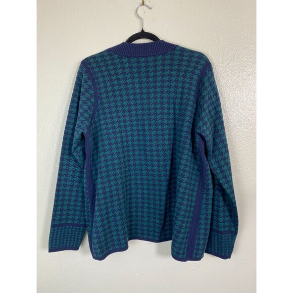 Susan Graver Cardigan Sweater Blue Green Houndstooth Women XL Christmas Holiday - Picture 2 of 15